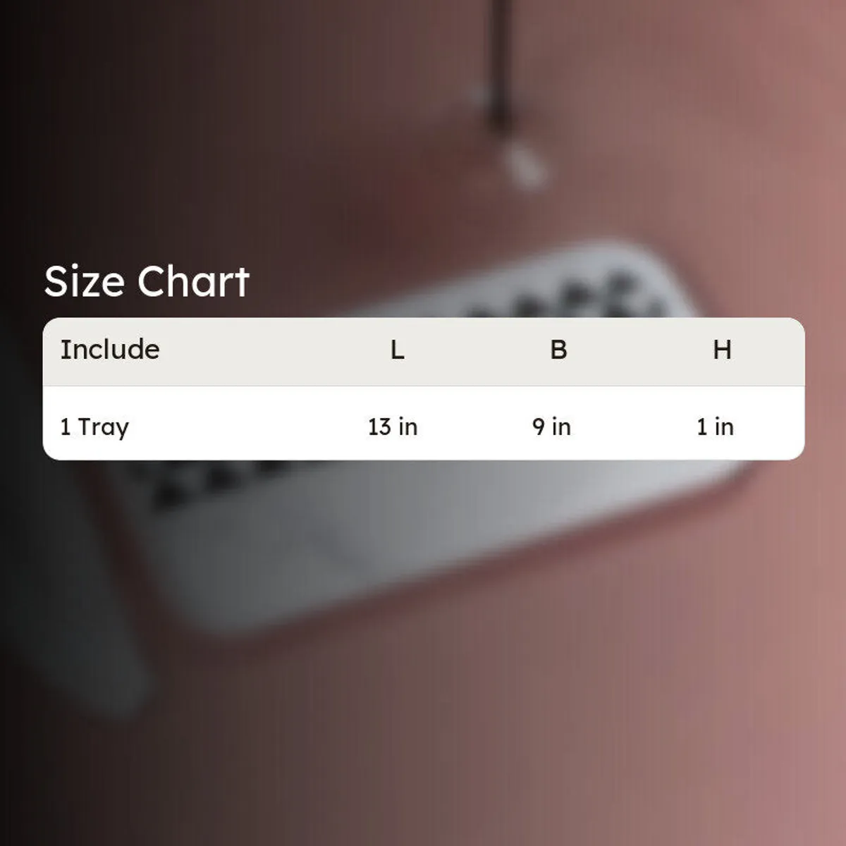 Size-chart graphic displayed over a blurred image of the rectangular serving tray