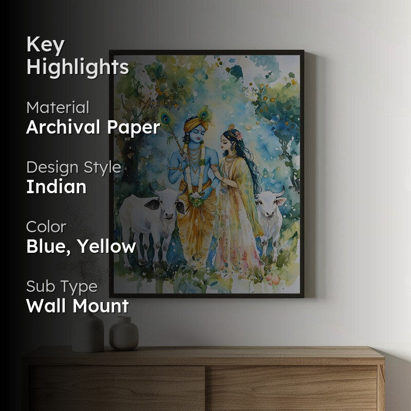 Sri Radha Krishna Spiritual Archival Paper Wall Painting With Frame - Black media 2
