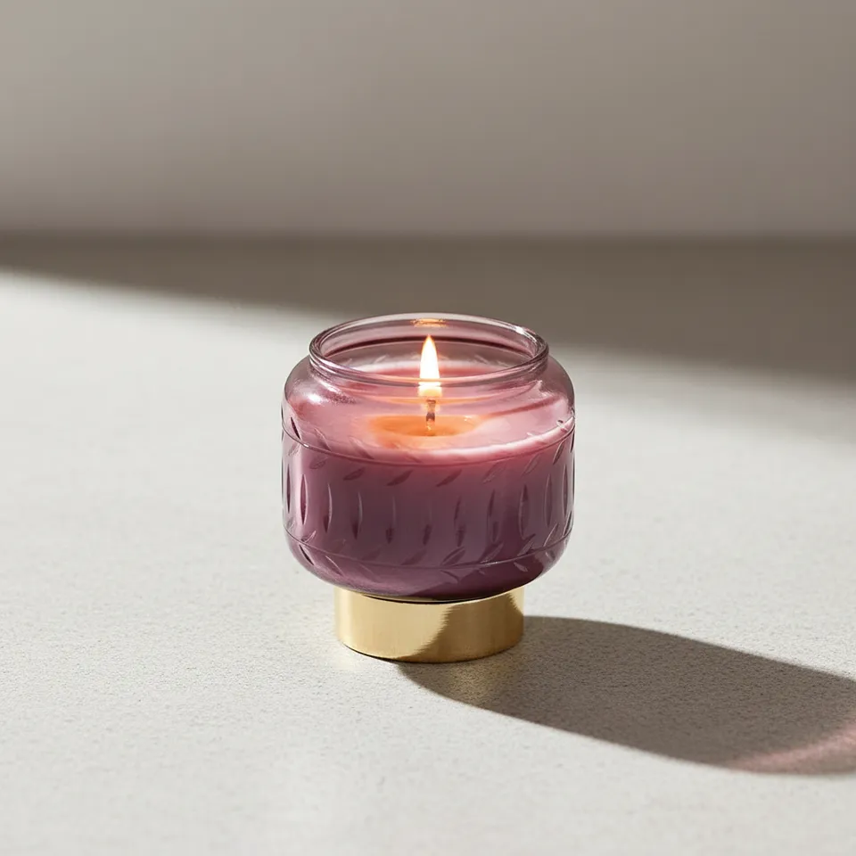 Lit purple glass candle with embossed leaf pattern and gold-toned base