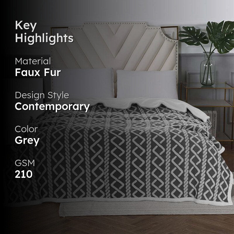 Oriella Geomatric Faux Fur Blanket (Grey)  - 210 GSM media 2