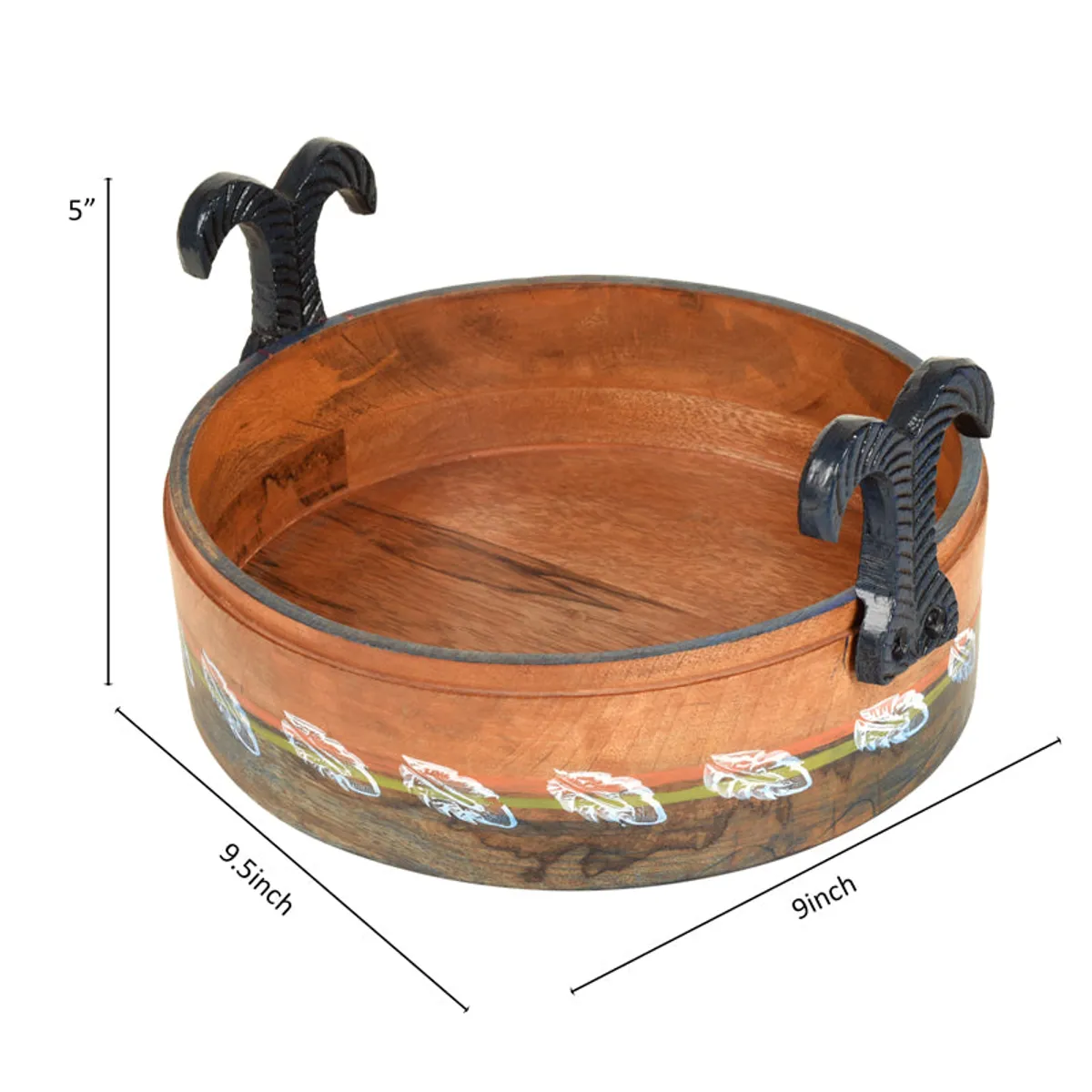 Decorated wooden bowl shown with its overall dimensions