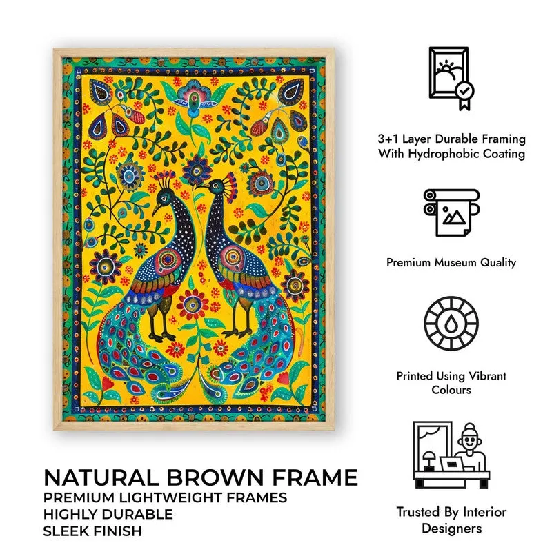 Colorful Peacock Folk Art Canvas Wall Painting With Brown Frame media 12
