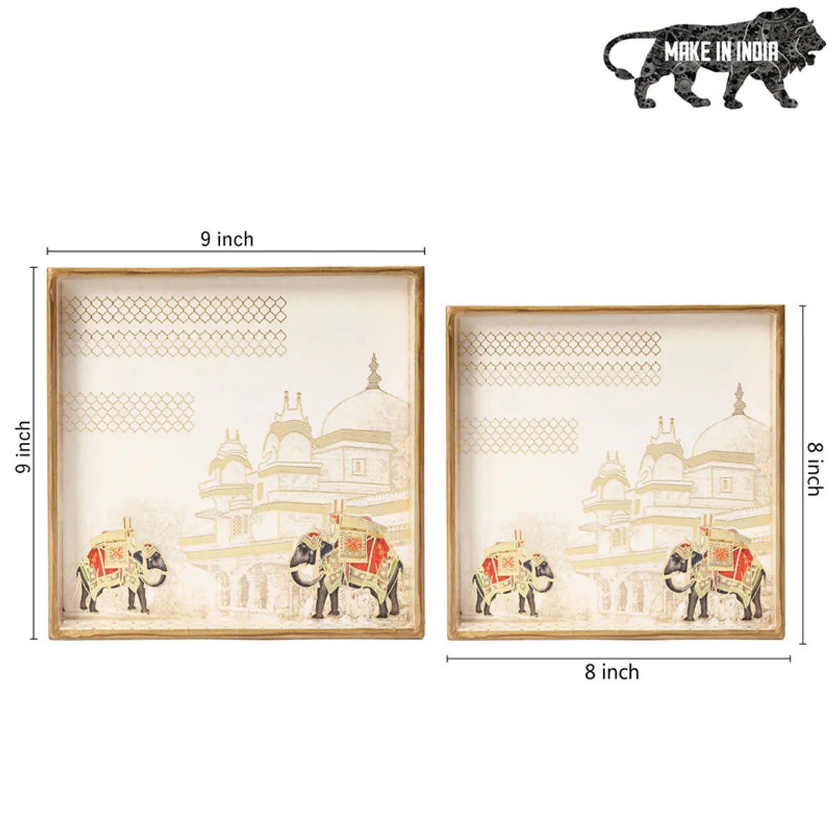 Two square serving trays shown with their size comparison