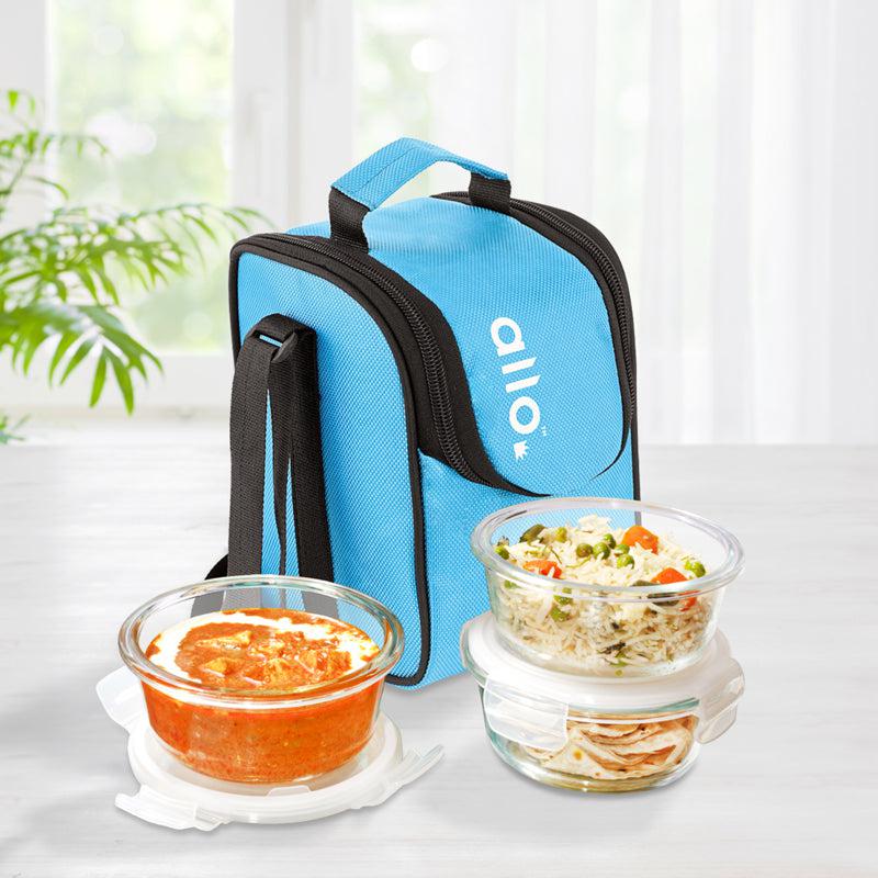 Oliva Round Glass Lunch Box With Blue Lunch Bag (400 ML) - Four Piece Set media 3