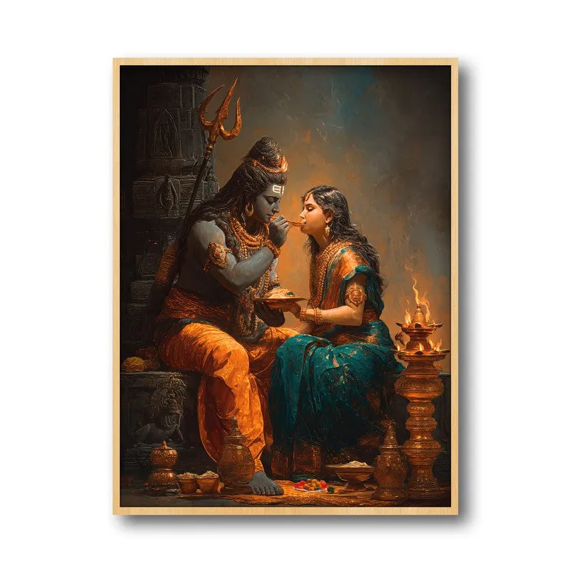 Divine Couple Mahadev and Parvati Blissful Archival Paper Wall Art - Natural Brown Frame media 5