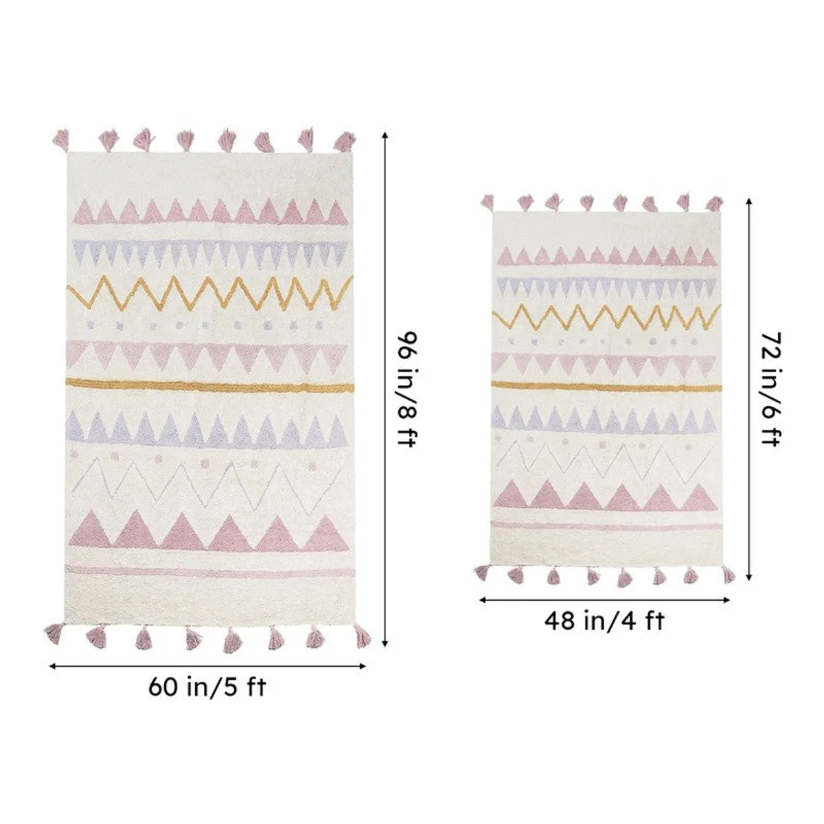 Size comparison image showing the rug in 4 x 6 ft and 5 x 8 ft options