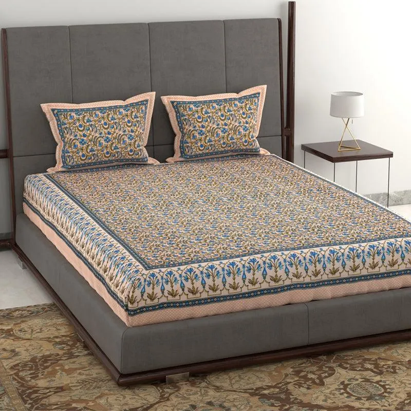 Tridha Printed Cotton Bedsheet (Beige) - 280 TC media 1