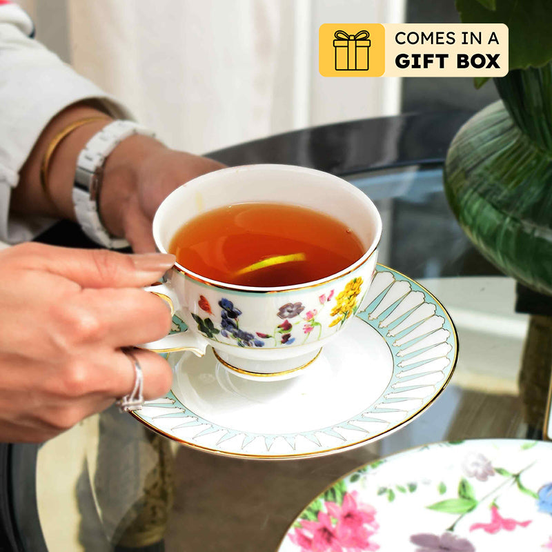 Basant 24k Gold Brushed Porcelain Tea Cup & Saucer (300 mL) - Set of Six