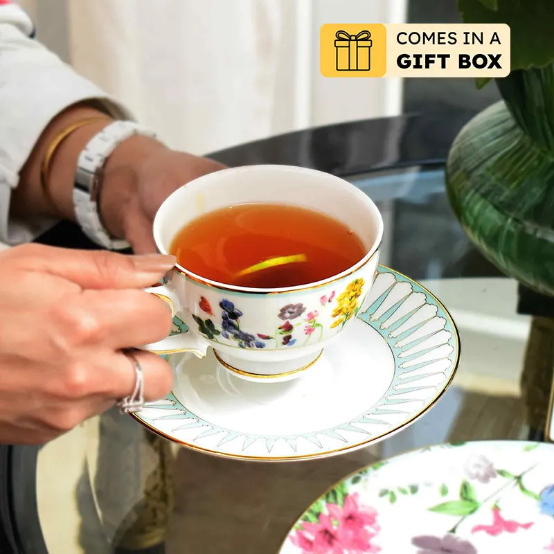 Basant 24k Gold Brushed Porcelain Tea Cup & Saucer (300 mL) - Set of Six media 1