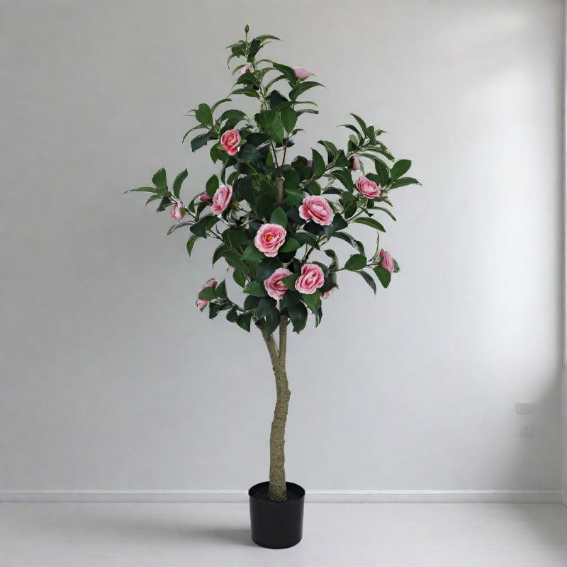 Faux Camellia Bloom Rose With Black Plastic Pot - Pink & Green media 4