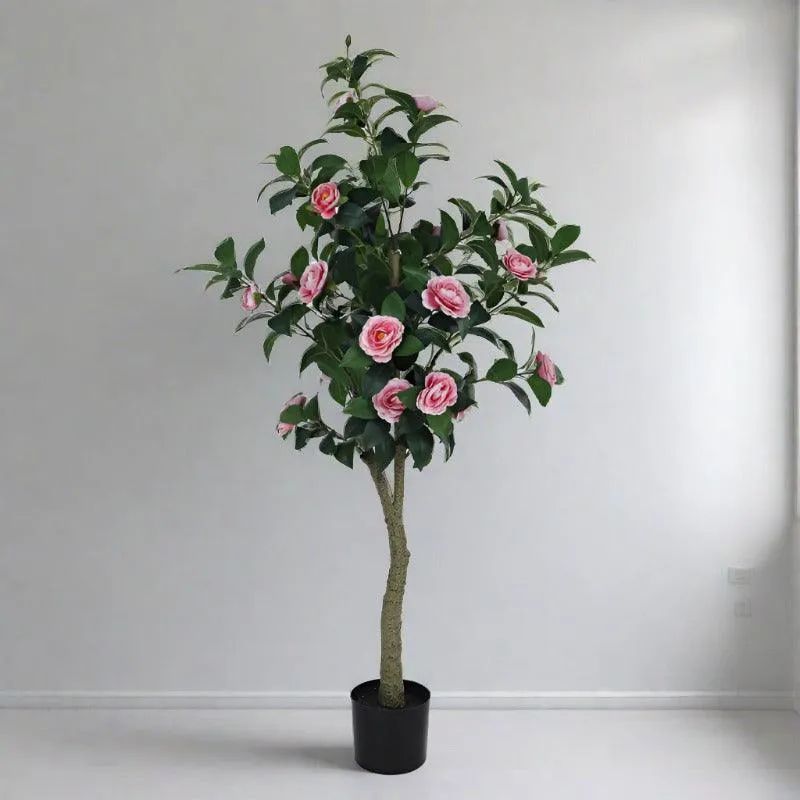 Faux Camellia Bloom Rose With Black Plastic Pot - Pink & Green media 4