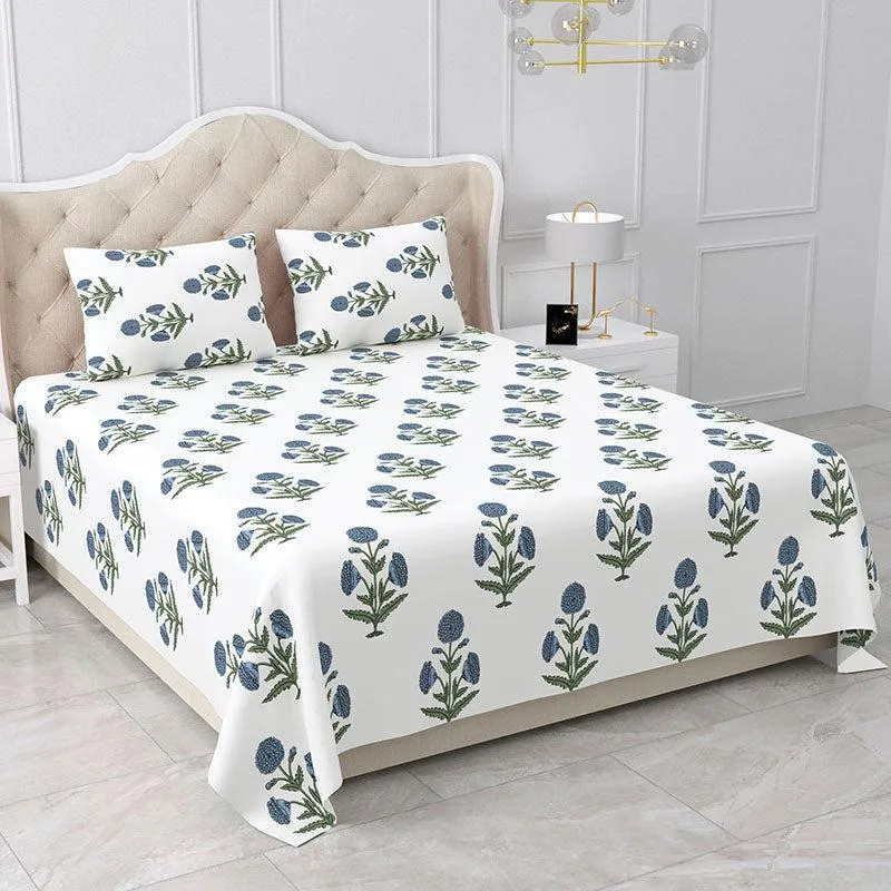 Marrakech Marigold Ethnic Cotton Bedsheet (Blue & White) - 180 TC media 1