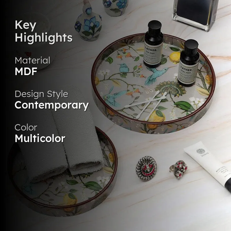Round botanical trays styled in a room setting with material and design highlights.