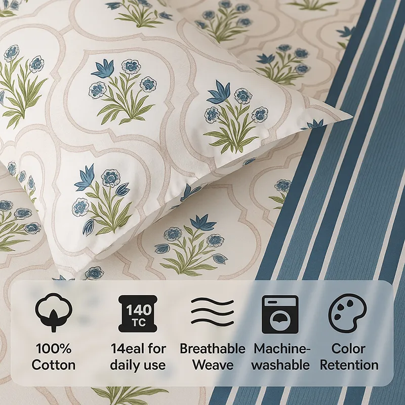 Imara Flora Cotton Bedsheet (Blue) - 144 TC media 6