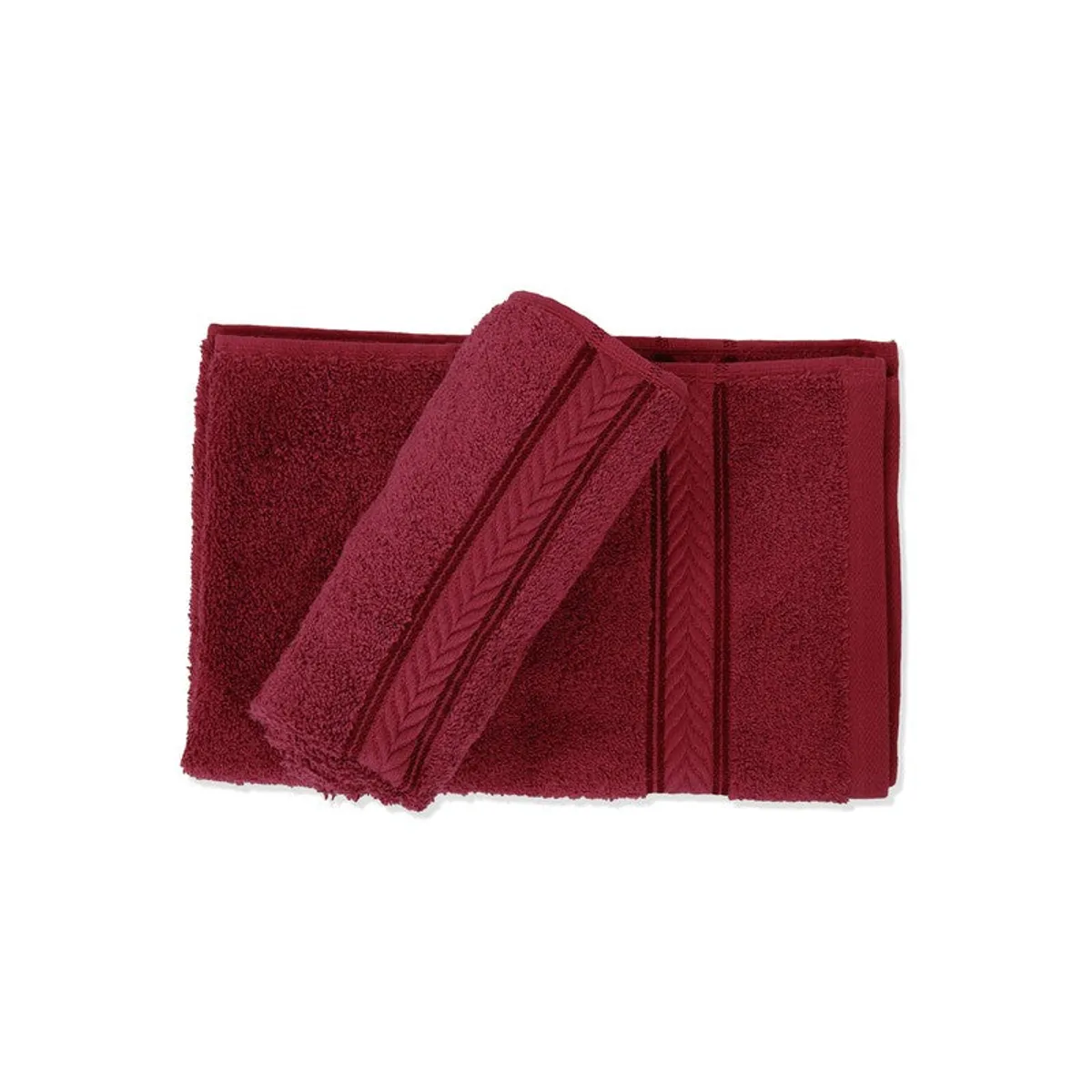 Two red hand towels folded to show the decorative border