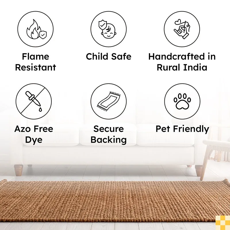 Olive rug shown in a living-room setting with feature icons above
