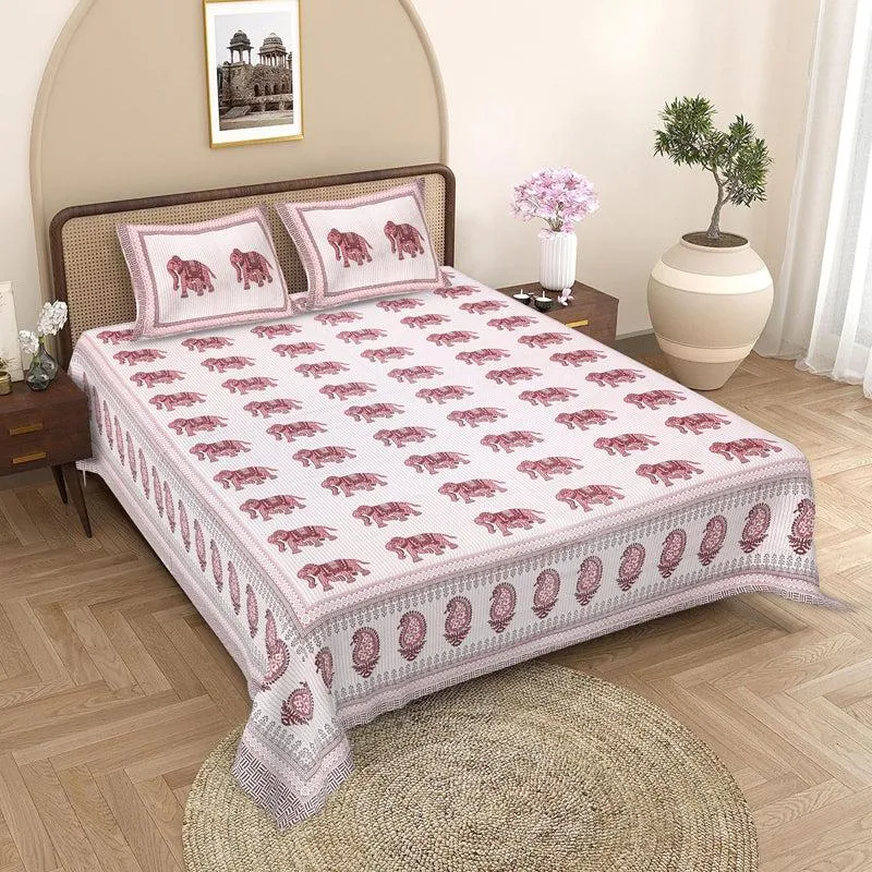 Viraj Ethnic Cotton Bedsheet (White,Pink) - 180 TC media 1