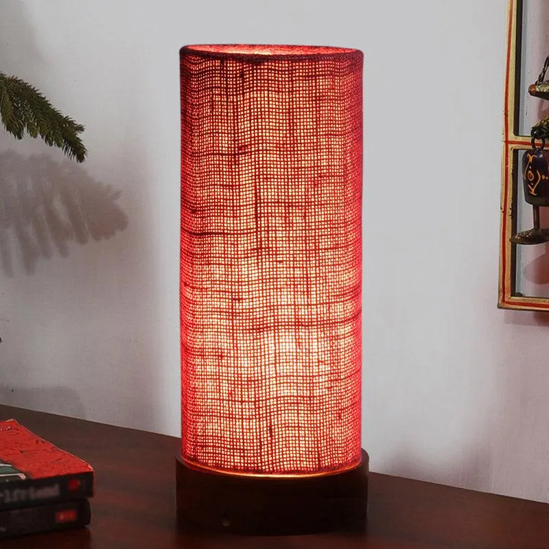 Jaala Tower Wooden Table Lamp With Jute Shade - Maroon,Brown media 1