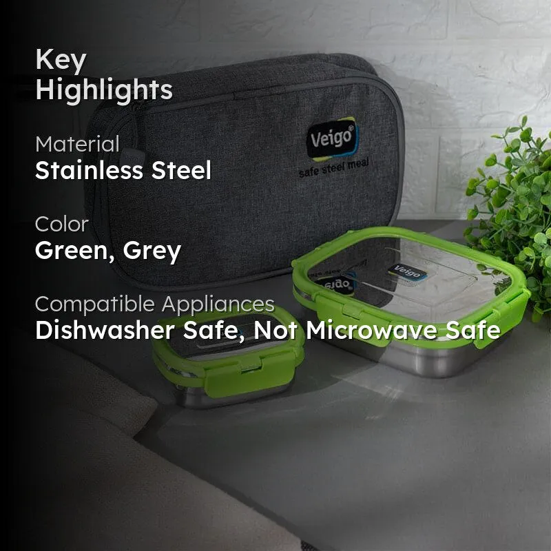 Green and grey stainless steel lunch boxes with grey carry pouch