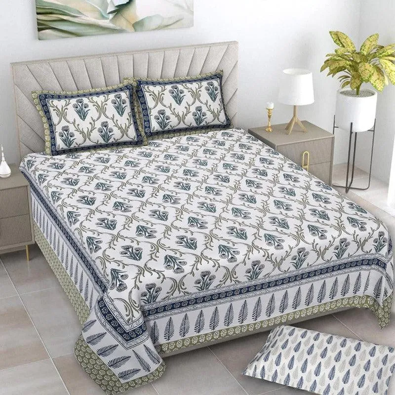 Giselle Floral Cotton Bedsheet (Blue) - 160 TC - 1