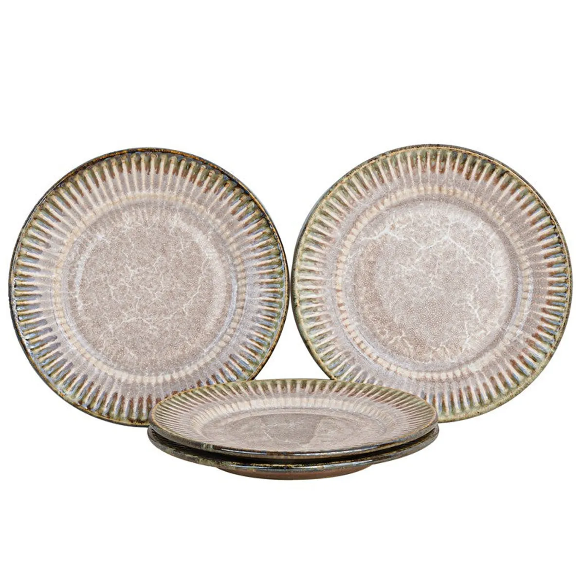 Four textured ceramic quarter plates shown together on a white background
