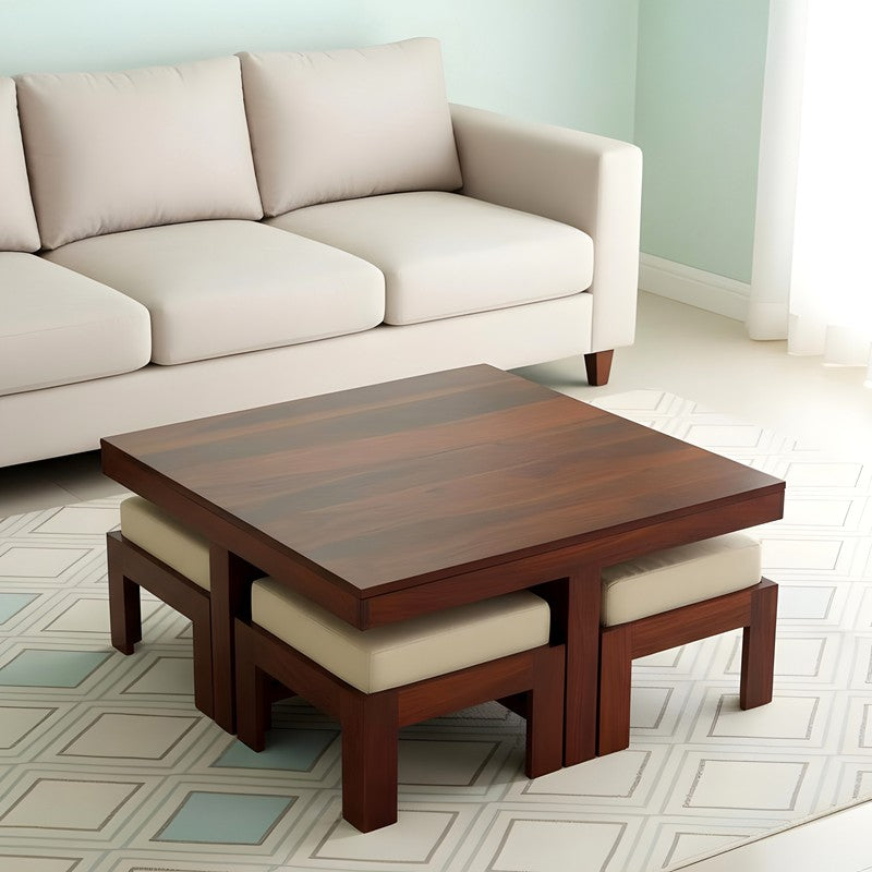 Evrino Sheesham Wooden Center Table with Stools and Cushions (Deep Brown) - Nine Piece Set media 3