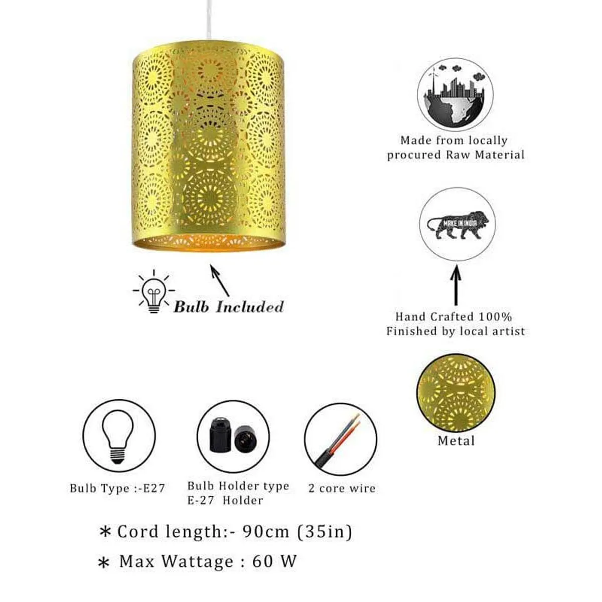 Gold perforated cylindrical lamp with product highlight icons