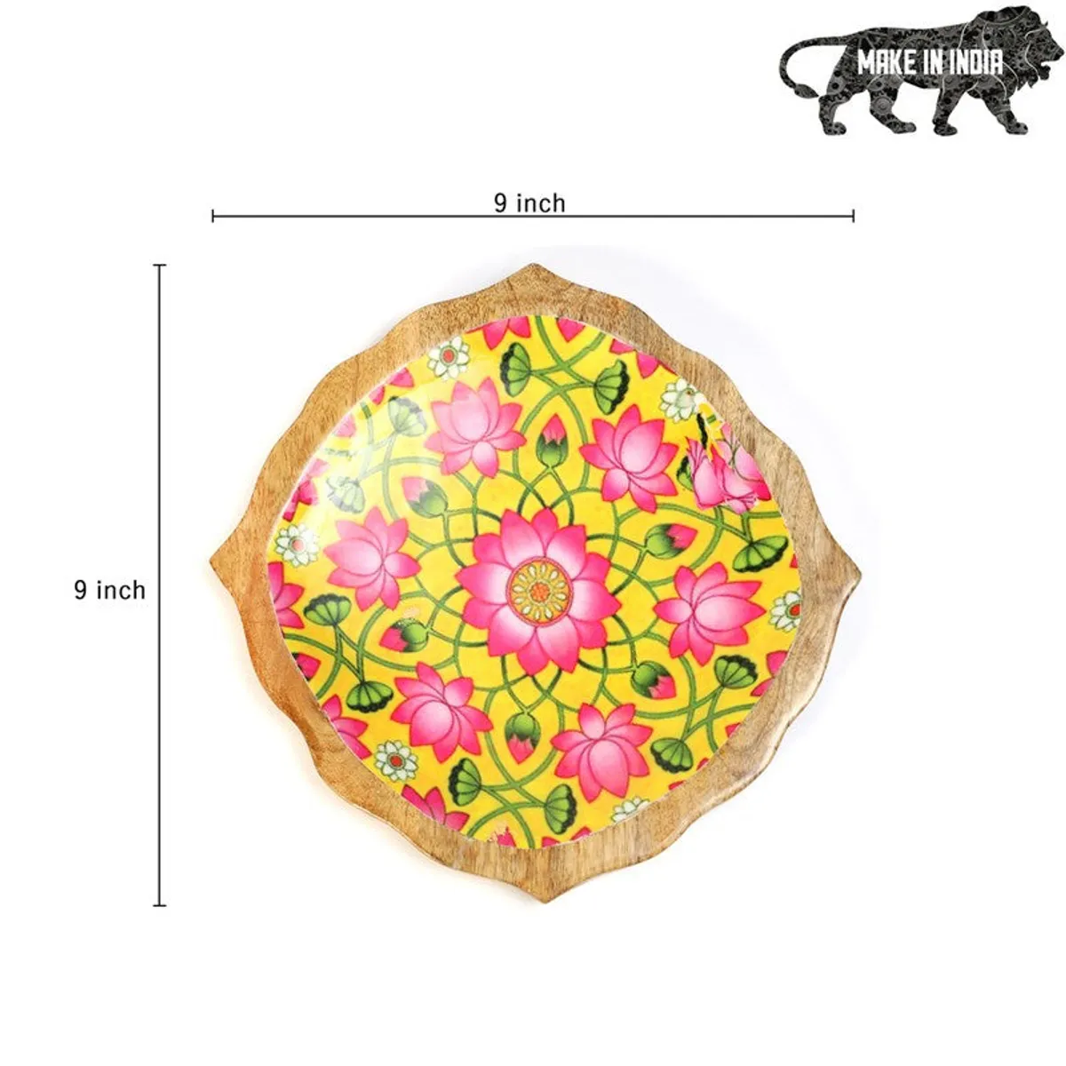 Top view of the floral mango wood platter with a natural irregular edge