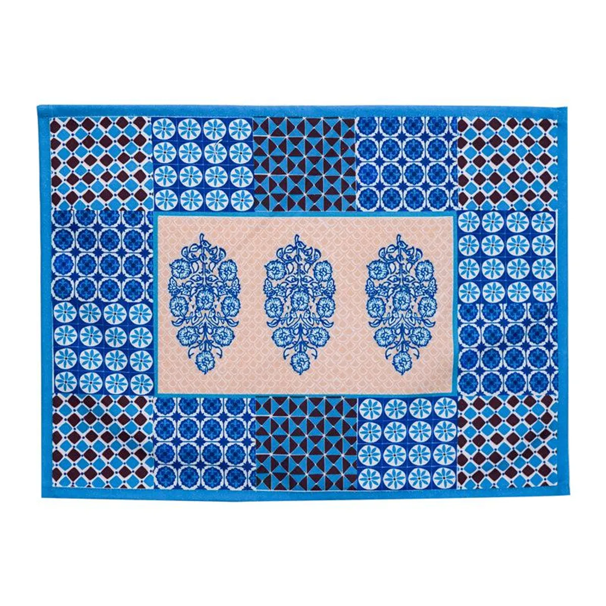 Rectangular blue and beige patterned table mat with ornate central floral motifs
