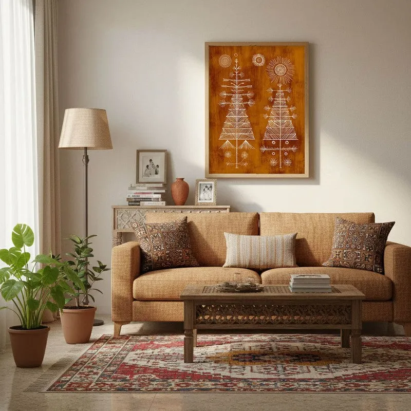 FolkHaven Warli Inspired Canvas Wall Painting With Brown Frame media 4