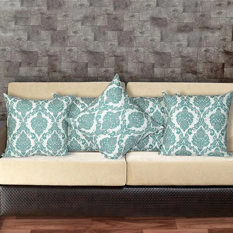 Tameira Jacquered Motif Printed Cushion Cover (Teal) - Set Of Five media 1