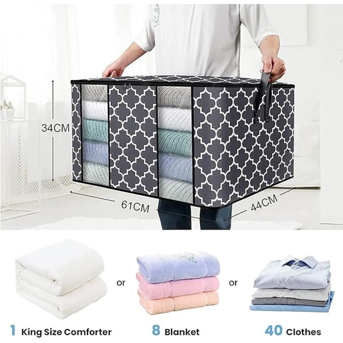 Person carrying the grey geometric organiser by its side handles