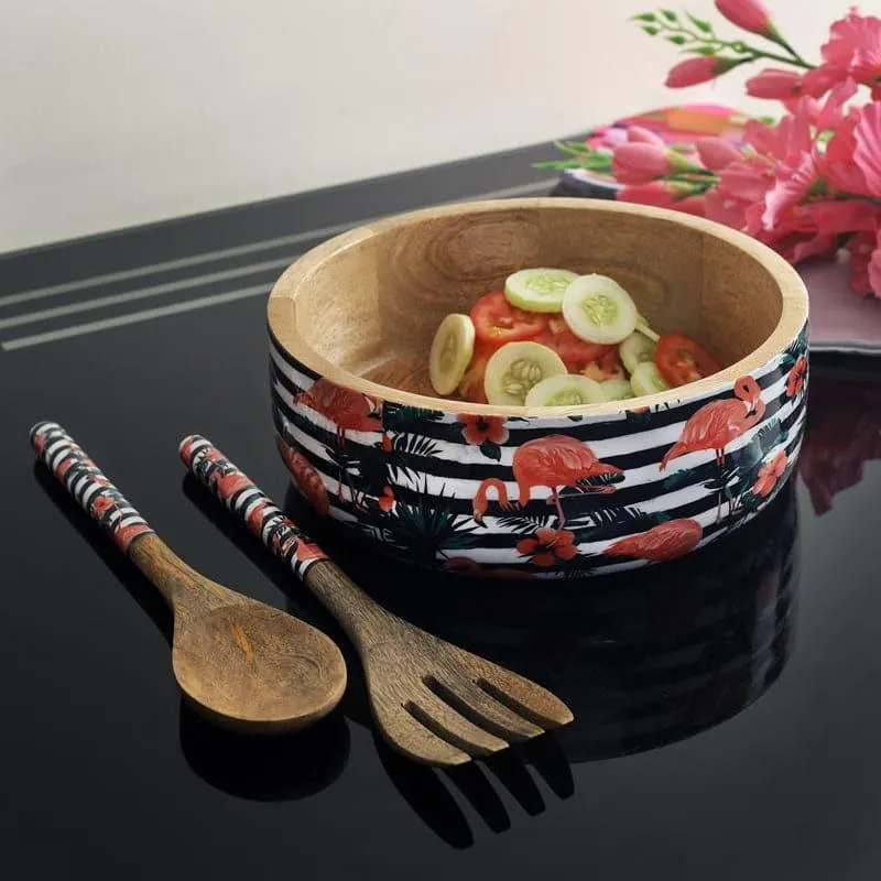 Flaminga Wooden Flat Bowl With Spoon & Fork - Set Of Three media 1