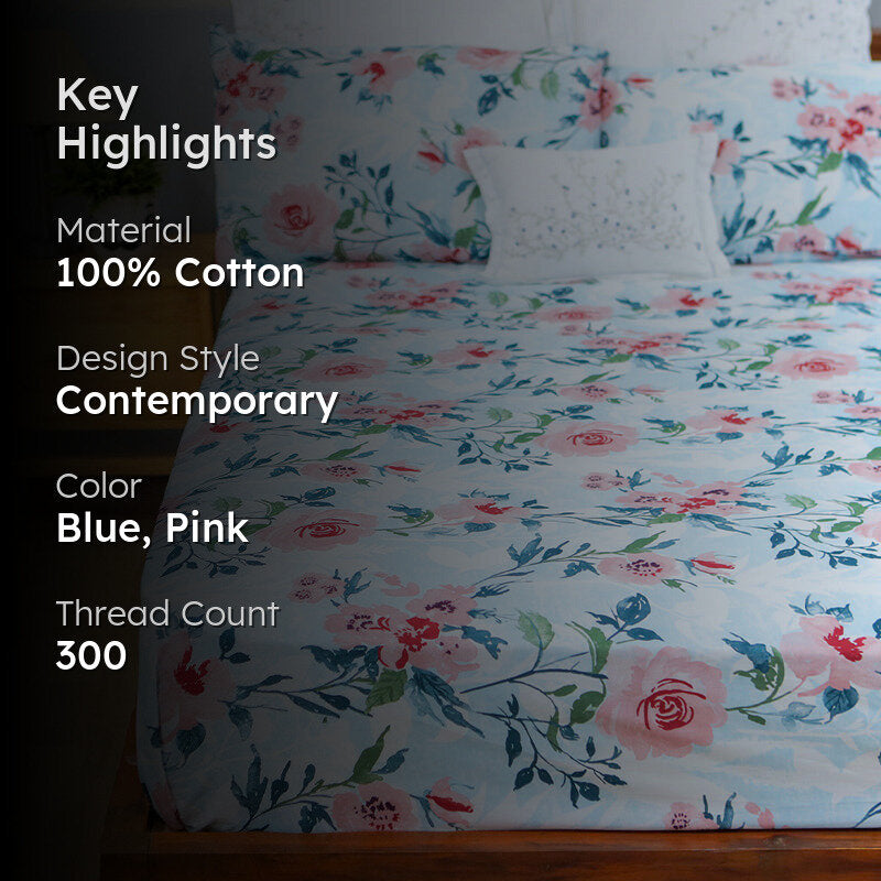 Soft Camellias Printed Cotton Duvet Cover - Pink media 2