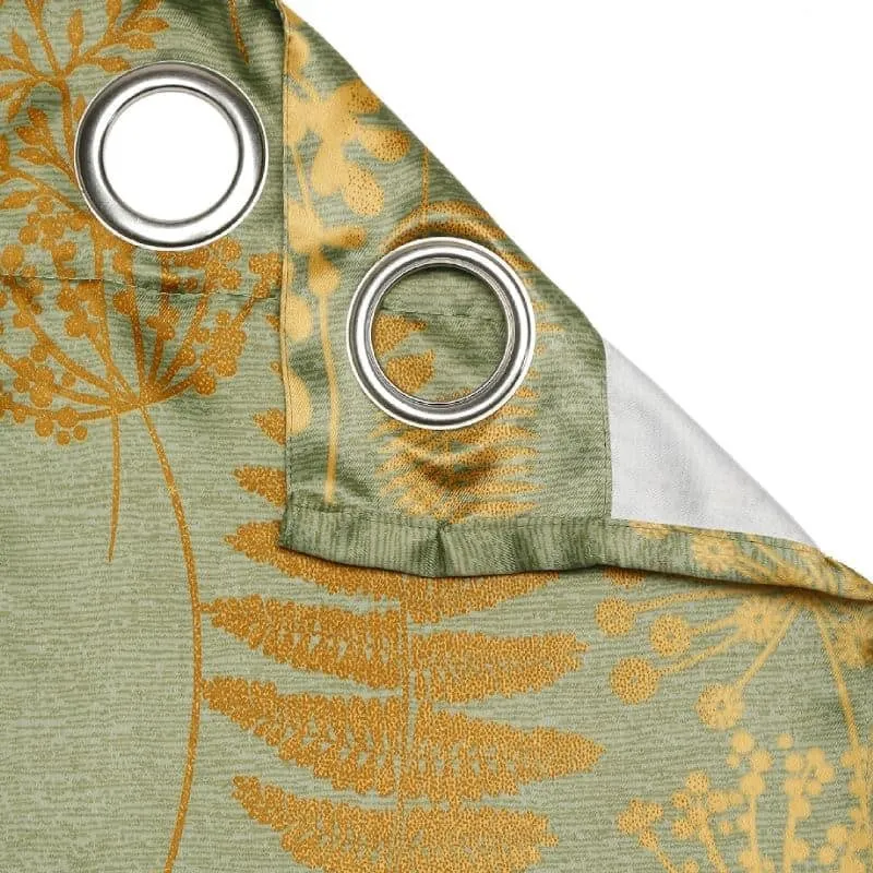 Curtain corner with eyelet rings and green floral print fabric