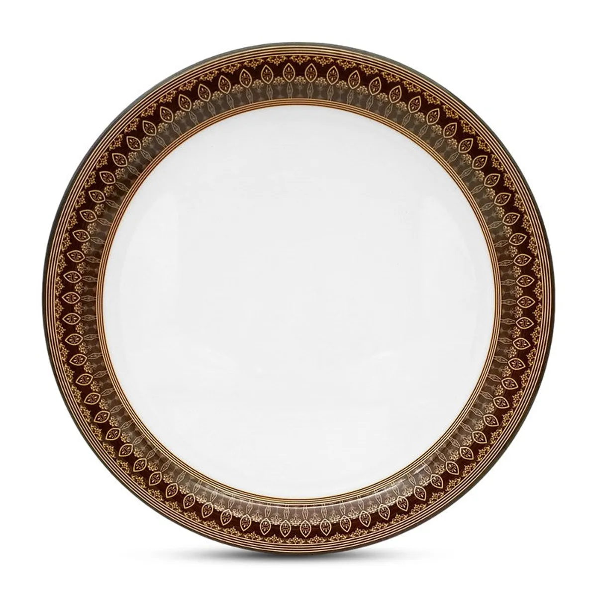 Single round white melamine quarter plate with an ornate brown and gold patterned rim.