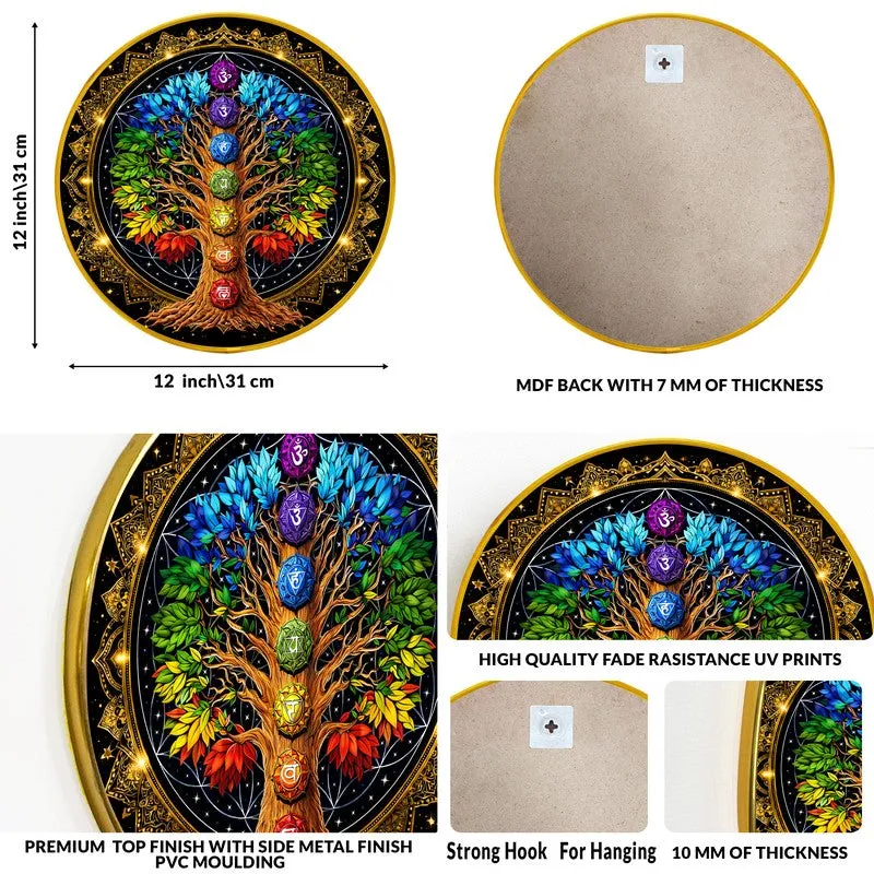 Collage showing the front, back, side profile and hanging detail of the round wall art