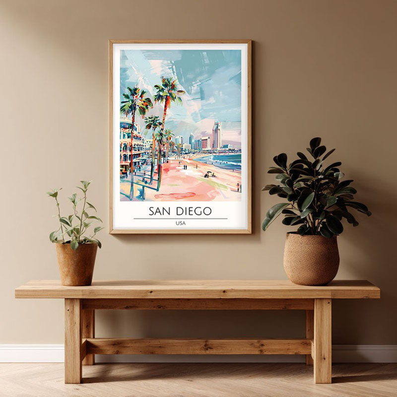 Vintage San Diego Framed Canvas Archival Canvas Wall Painting - Natural Brown Frame