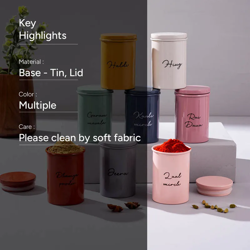 Colourful storage jars arranged in a kitchen scene with material, colour and care text overlay