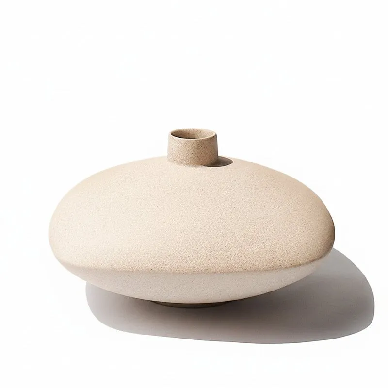 Ivory low bowl ceramic vase on a plain white background