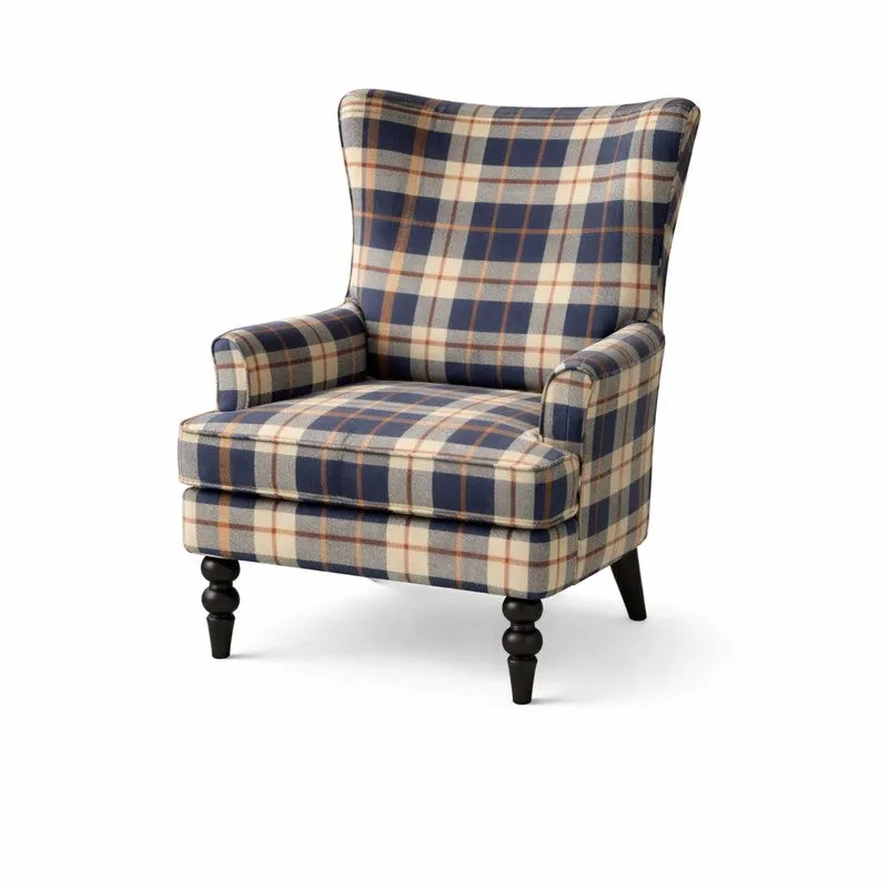 Navy Check Teak Wood & Velvet Upholstered Lounge Chair media 4