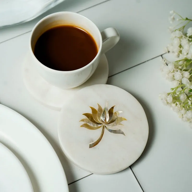 Lotus Marble Coaster With Mother Of Pearl Inlay (White) - Set Of Two media 4