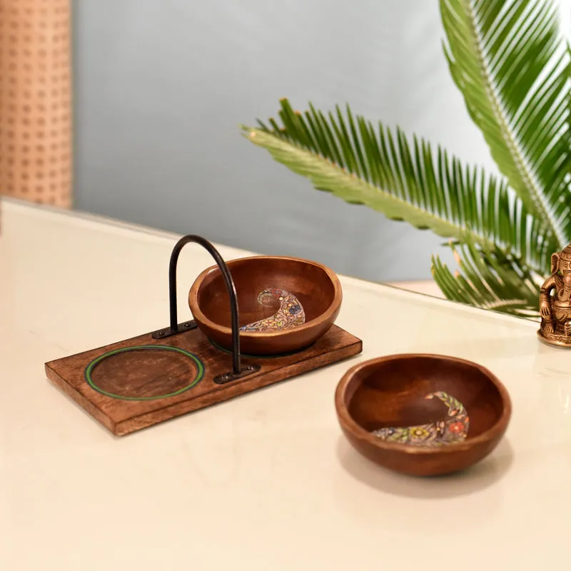 Paisley Motif Wood Dip Bowl With Stand - Three Piece Set media 3