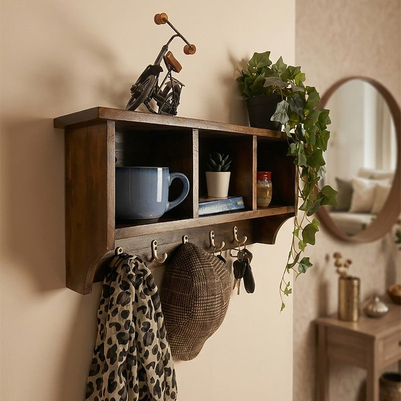 Pravaha Wooden Wall Shelf Organiser with Key Holders