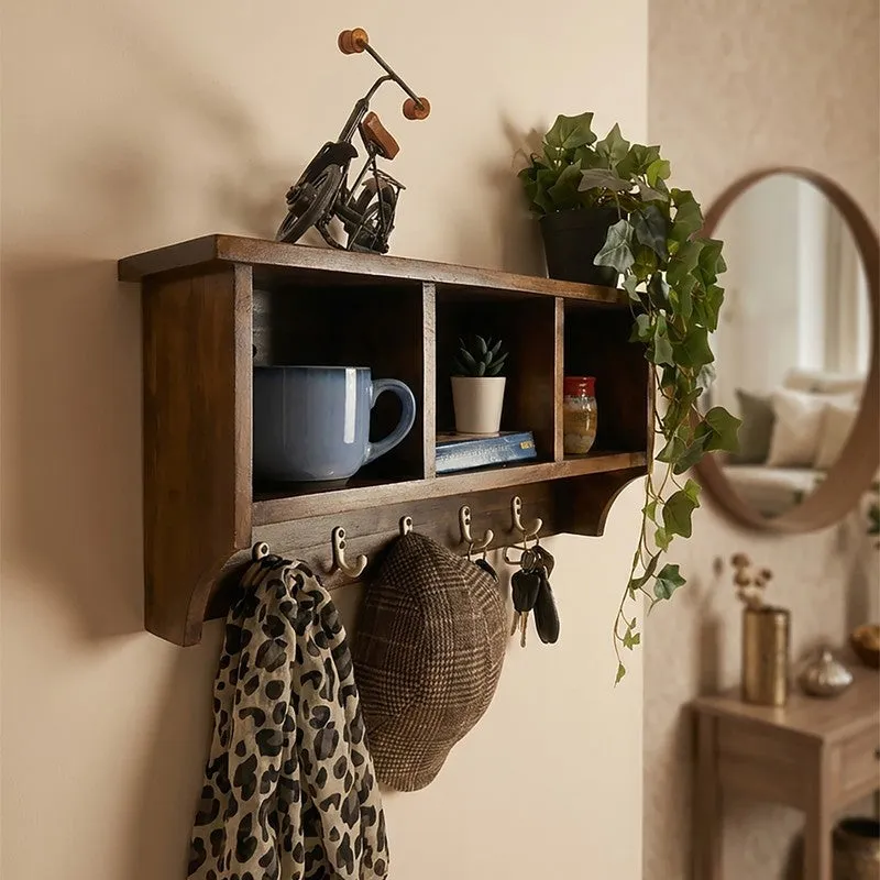 Pravaha Wooden Wall Shelf Organiser with Key Holders media 1