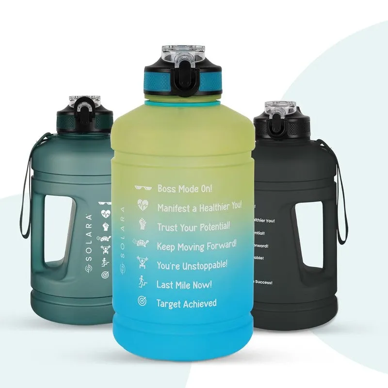 Blue and yellow Solara motivational water bottle displayed with two darker colour variants