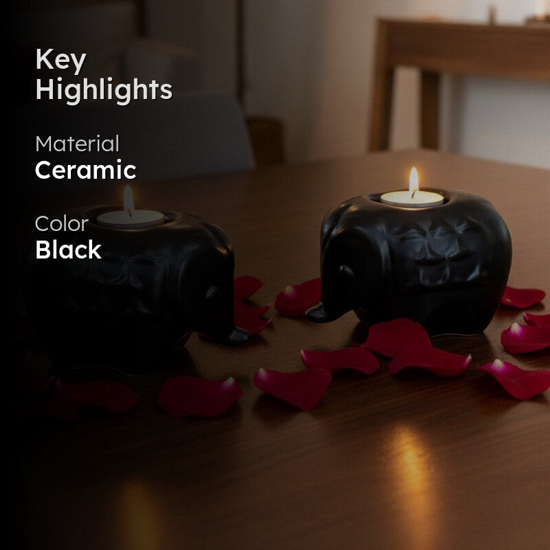 Ebony Elephant Ceramic Tea Light Candle Holders (Black) - Set Of Two media 2