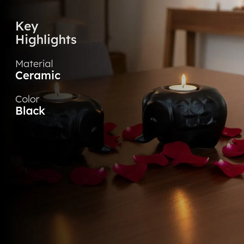 Ebony Elephant Ceramic Tea Light Candle Holders (Black) - Set Of Two media 2