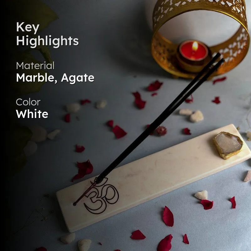 Om Marble Incense Holder With Agate Plating - White media 2