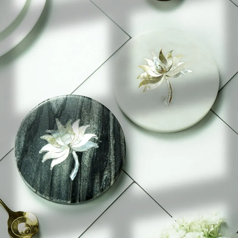 Lotus Marble Coaster With Mother Of Pearl Inlay (White, Grey) - Set Of Two media 3
